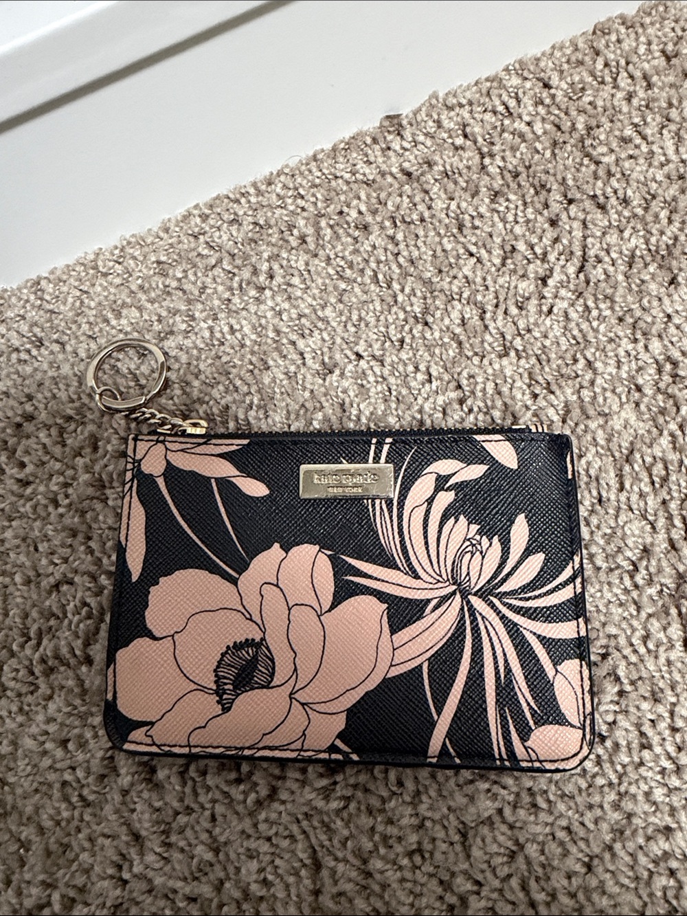 kate spade Black with Blush Floral Zip Card Case